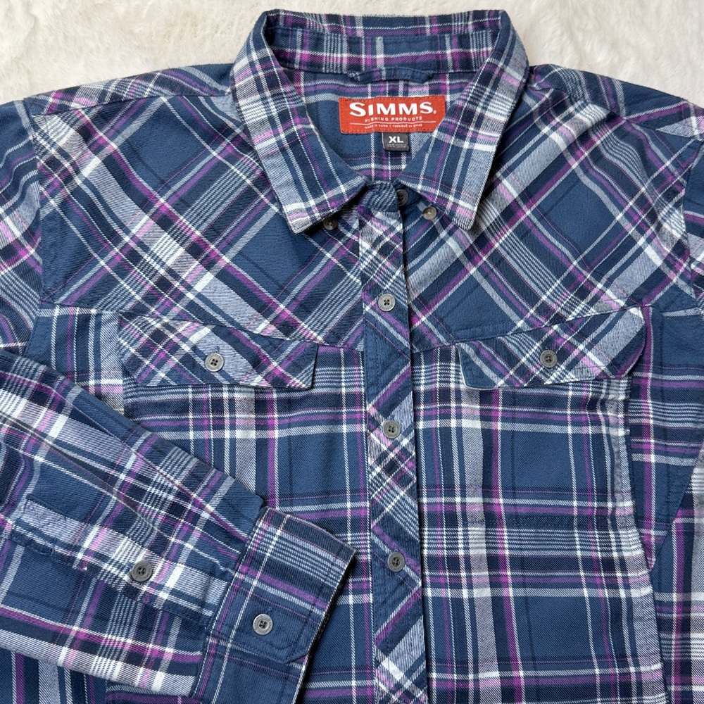 Simms Plaid Flannel Shirt Women XL Button Down Blue Purple Outdoor Fishing Camp